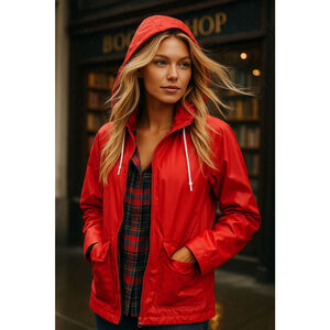 Vintage Misty Harbor Raincoat Any Weather Slicker Cherry Red Coastal Plaid Lined